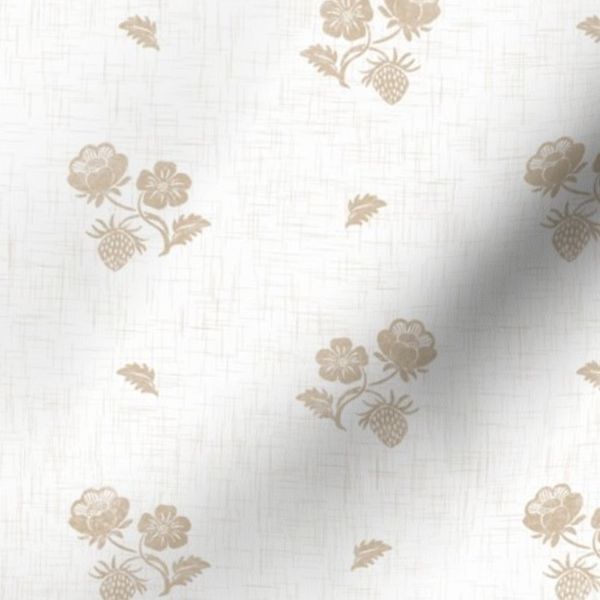 Strawberry Beige block print Flowers on Cream Linen Texture Background