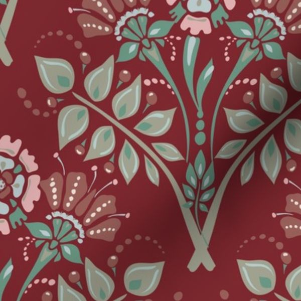 Folk Floral Ornament Bouquet Burgundy Red