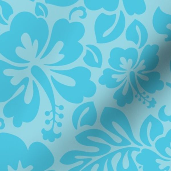 Retro Hawaiian Hibiscus Floral in Tonal Turquoise Blue Lagoon