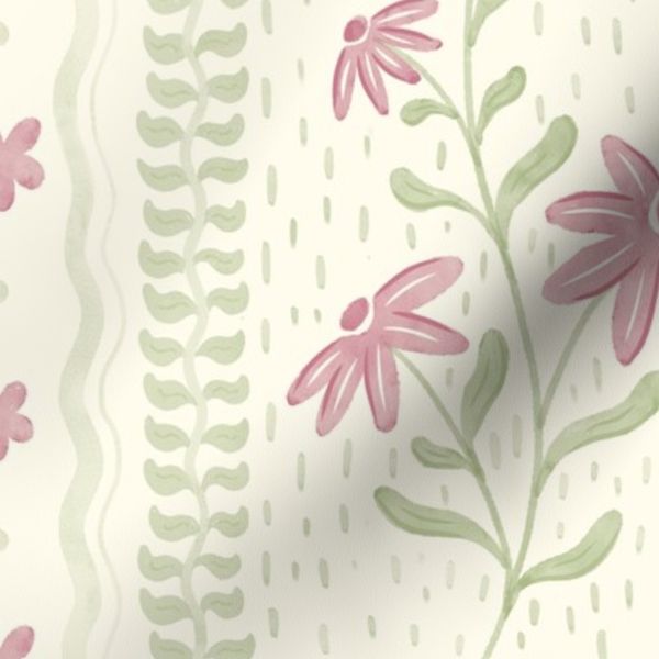 Watercolor Floral Stripes in Pastel Tones Cottagecore Daisy Warm Green M