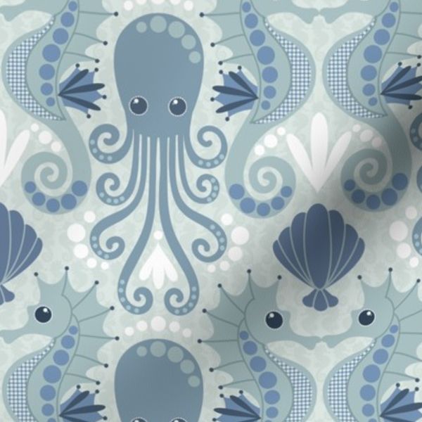 Modern Nautical Seahorse and Octopus in Coastal Blues