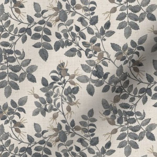 (S) Wild rose branches timeless garden tapestry navy blue grey ivory