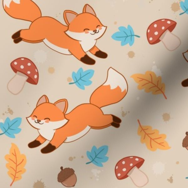 Autumn Fox Autumn with Mushroom and Acorn Woodland