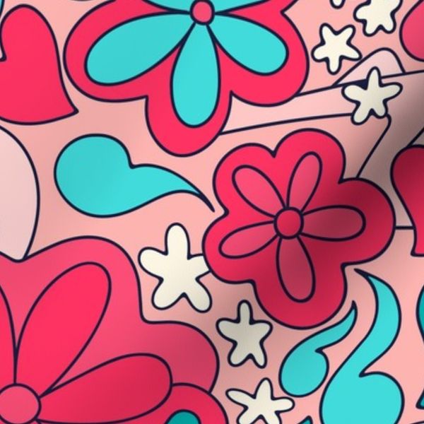 Retro 70s Groovy Flower Power Boho Mid Century Pink