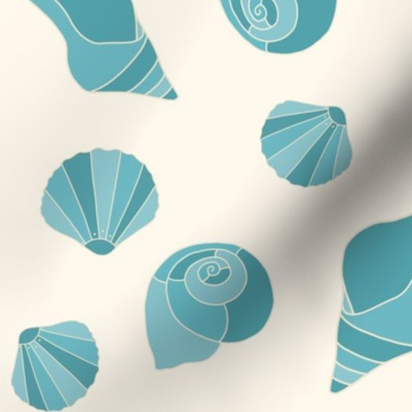 Coastal Seashell Pattern - Teal Shells on Cream Beach Seamless Design