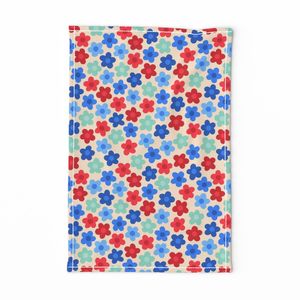 Hand Drawn Retro Flower Toss In Red Blue And Aqua With Dot Centers