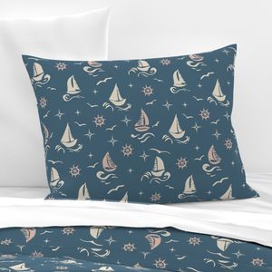 Hand-drawn Sailboats and Waves-Vintage Look-Beige on Slate Blue-Large Scale