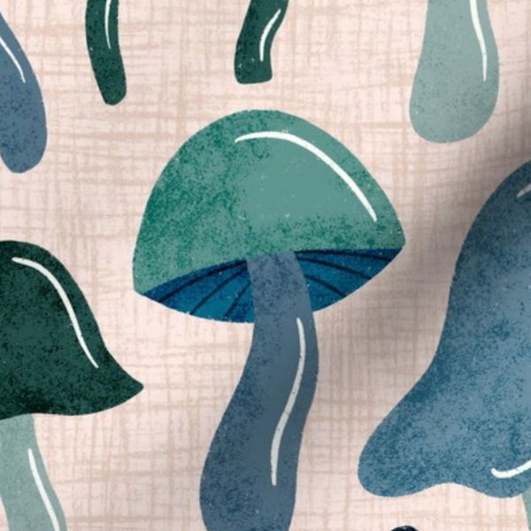 Whimsical  Hand Drawn Mushrooms in Blue and Teal - Large