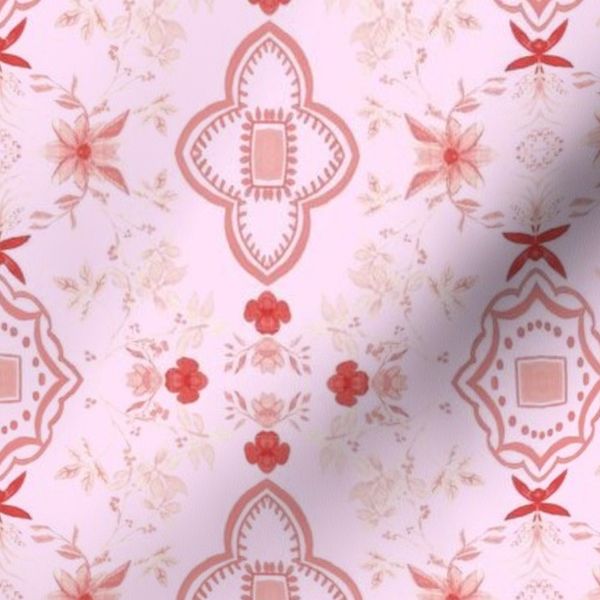 Red Boho Floral Vintage Handkerchief - Pink