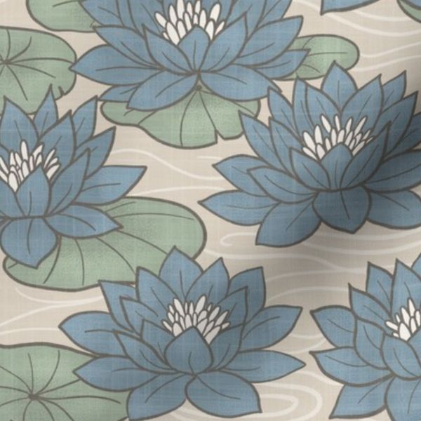 Muted Scandinavian Water Lilies - Maritime Nature Floral in Sage Blue