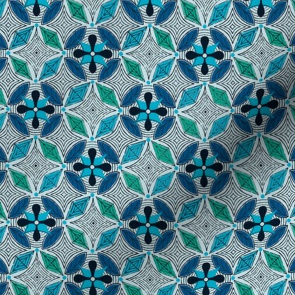 Mid Century Four Petal Flowers and Diamonds in Turquoise and Indigo (S)