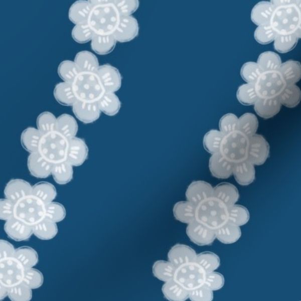 White Lace-Wavy Vertical Stripes-Small Flowers-Calm-Elegant-Coastal Blue