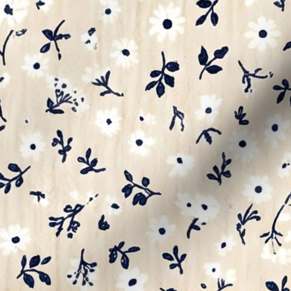 Minimalist Navy Blue Cream Ditsy Floral Calico Nursery Quilt Back Fabric
