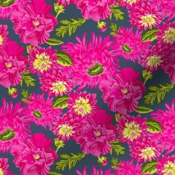 Small Hot Pink Hothouse Flowers on Denim Blue