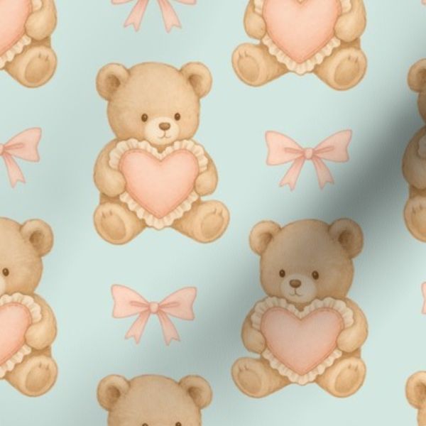 Vintage Teddy Bear Heart Pattern/ Pink Bow Nursery Fabric - Small Scale