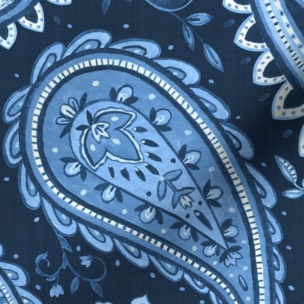 Large decorative traditional vintage paisley elegant soft linen dark blue