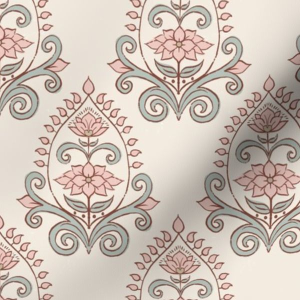 Indian Chintz Floral Block Print Arts and Crafts Damask Pink Sage & Green