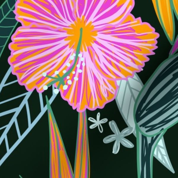 Tropical Hibiscus Mango Bird of Paradise Dark Botanical Pattern