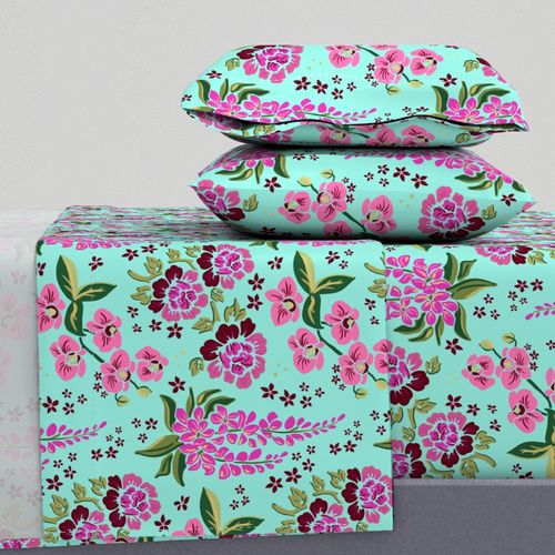 Tropical Flowers - Azure Teal