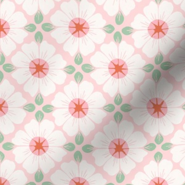 Floral Block Print Daisy Botanical Geometric Medium Scale Preppy Pink Green