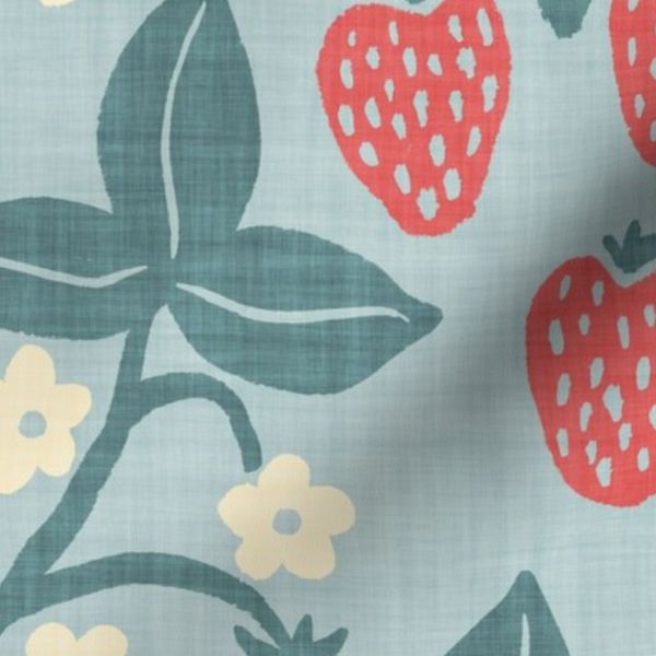 Strawberry Plants Block Print Linen Texture Pink Sea Foam Green L