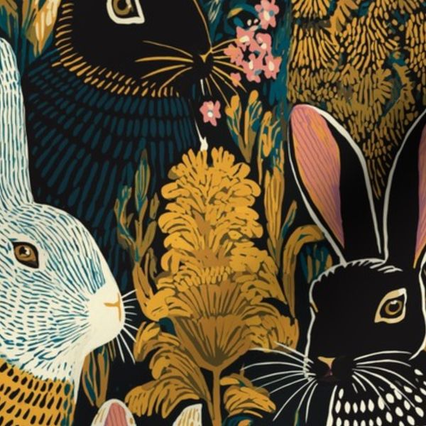 Rabbit Forest Botanical Pattern - Dark Woodland Wildlife