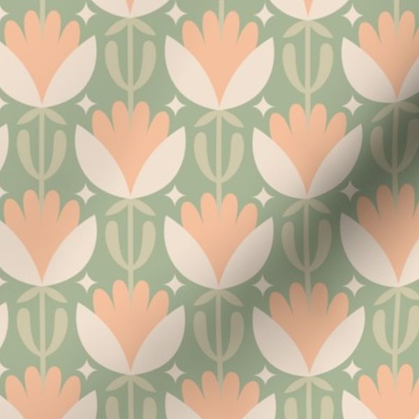 Mid century tulip lattice soft sage green and coral print (small scale)