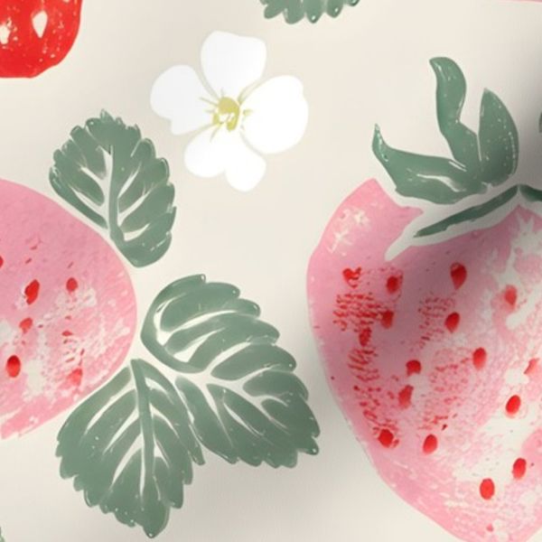 Vintage Linocut Strawberries Floral Summer Pattern- Large Sale