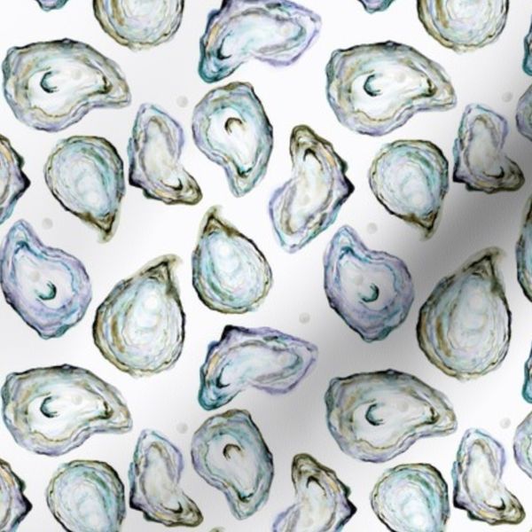 Small Oyster Green Purple Coastal Pearl Sea Shells White Wallpaper Fabric