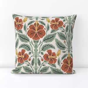 Rust Sage Hibiscus Symmetrical Block Print Hothouse Floral Folk Art (S)