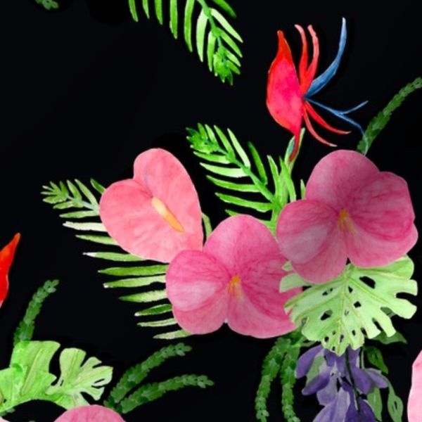 Moody Tropical Orchid Floral On Navy