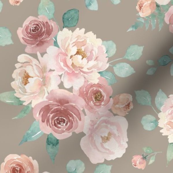Blush Pink Watercolor Roses Floral Bouquet on Taupe medium scale