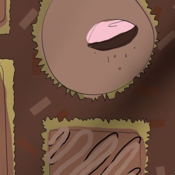 Assorted hand drawn chocolates on chocolatey chocoholic background seamless