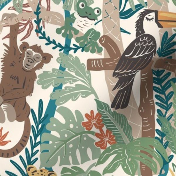 Earthy Jungle Nursery Safari Frog Leopard Monkey Toucan Tropical Print (S)