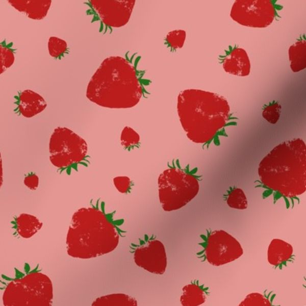 Blockprint Strawberries - red on warm pink - small by RT for Cecca Designs