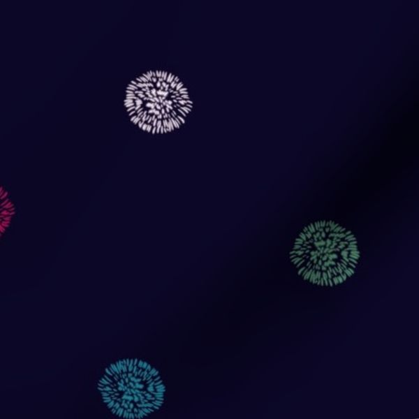 Multicoloured polka dot firework bursts on dark blue blender fabric // med