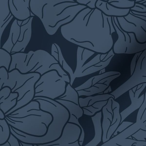 Midnight Blue Marigold Toile Botanical Floral (Large Scale)