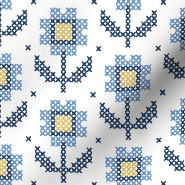 Cute Cross Stitch Blue and Yellow Flowers Pattern - Large Scale