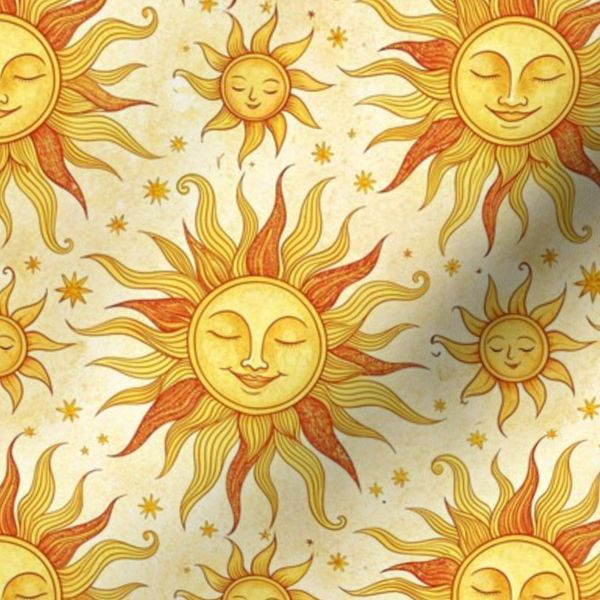 Whimsical Sun Faces Pattern With Stars On Textured Yellow Background