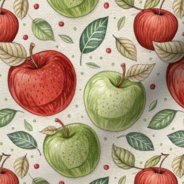 Red And Green Apples With Leaves Pattern On Textured Background