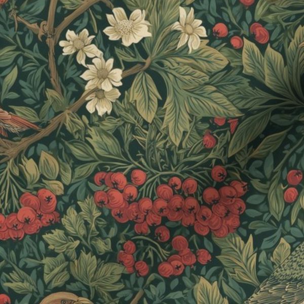 Thrush & Rowan Berry inspired Arts & Crafts Forest Green Victorian Floral