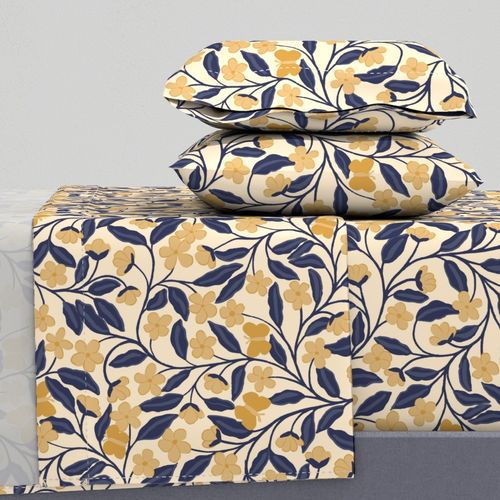 big trailing leaves trellis - hand drawn English cottage navy blue yellow