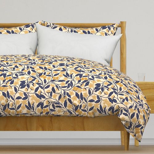 big trailing leaves trellis - hand drawn English cottage navy blue yellow