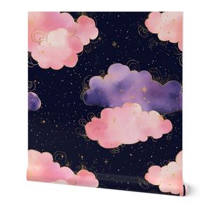 Celestial Dreamscape Pink Purple Clouds Navy Gold Stars
