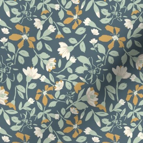 Scattered Flowers and Blossoms - Grey Blue and Green - small