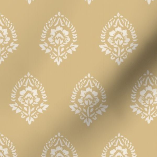 Ochre Gold Yellow Damask Block Print French Country Folk Floral Motif s
