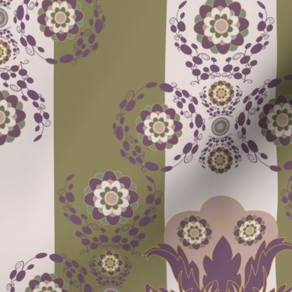 Whimsical Floral Damask on 3 inch Green and Mauve Stripes Paducaru