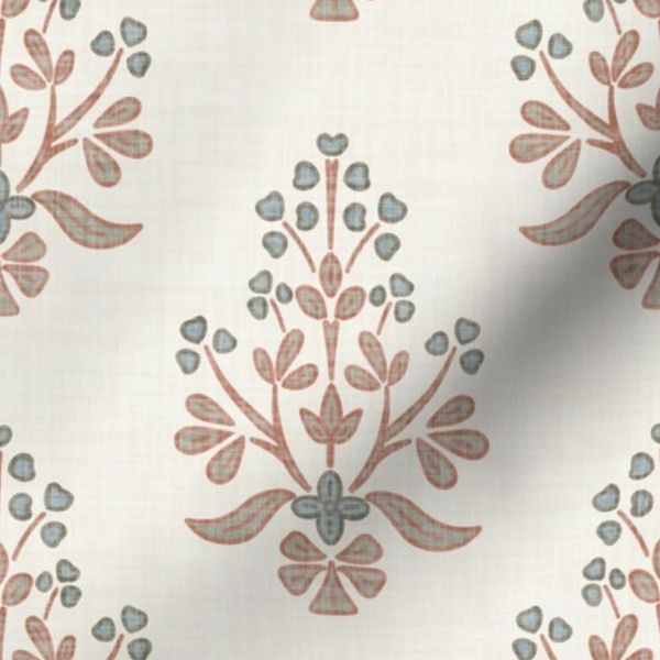 Hand Drawn Textured Indian Chintz Floral Block Print -Muted Green and Brown