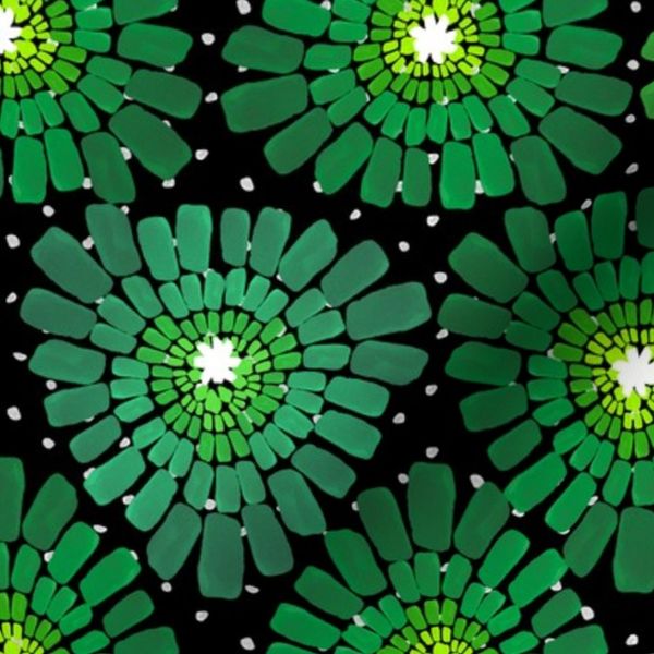 Abstract Lettuce Starbursts in Green on Black and White Dots (Middle)