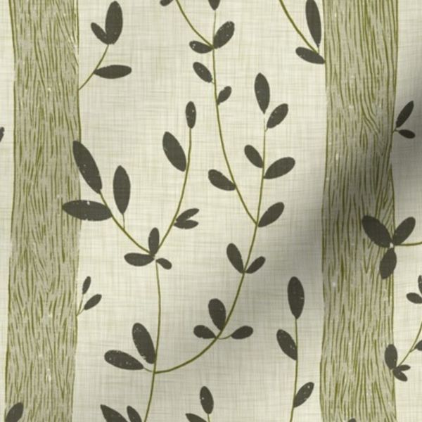 Woodland Theme Tree Trunk Vertical Stripes-Leafy Vines-Green Monochrome